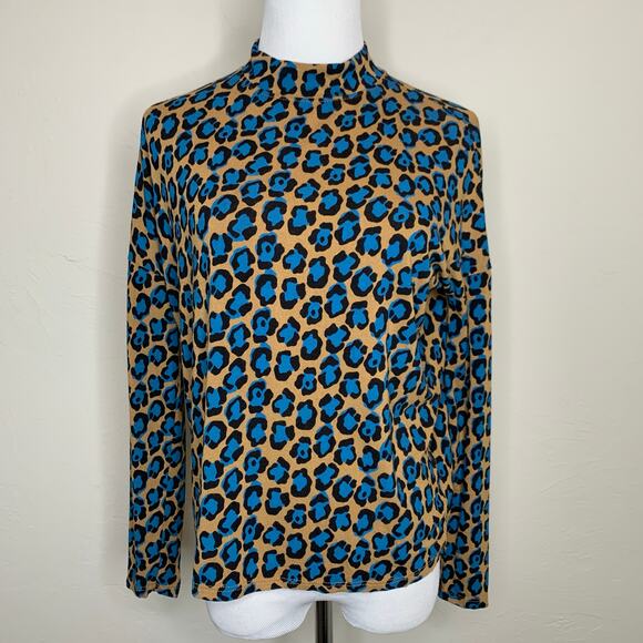 Topshop Tops - Topshop Cheetah Mock Neck Shirt Camel Black and Turquoise Sz 4
